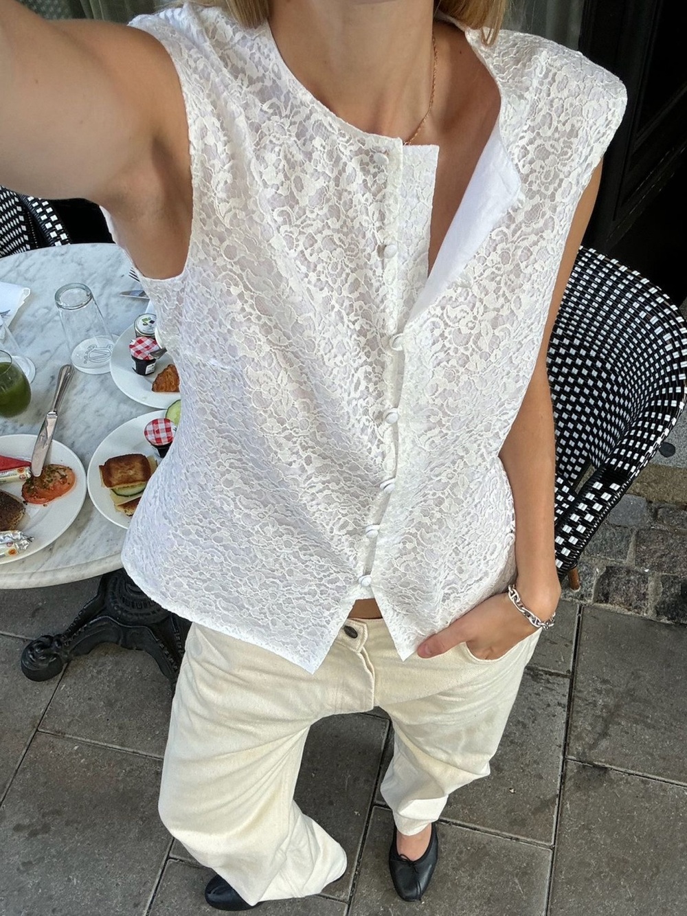 NWOT Djerf Avenue Begin Again Top in White High Neck Lace Design Sleeveless